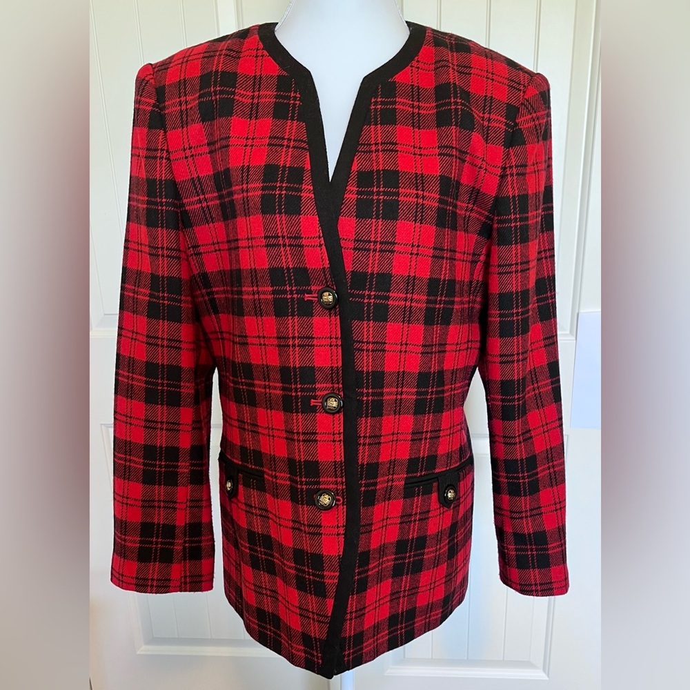Wool Blend Vintage Red Black Plaid Blazer Sz 10 Faux Pockets Shoulder Pads